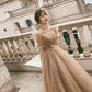 Gold tulle long prom dress A line evening dress  10085