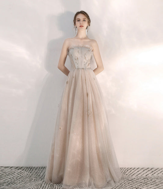 Champagne tulle sequins long prom dress evening dress  10375