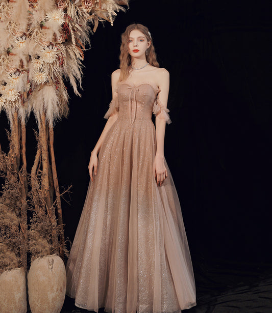 Shiny tulle sequins long prom dress A line evening dress  10378