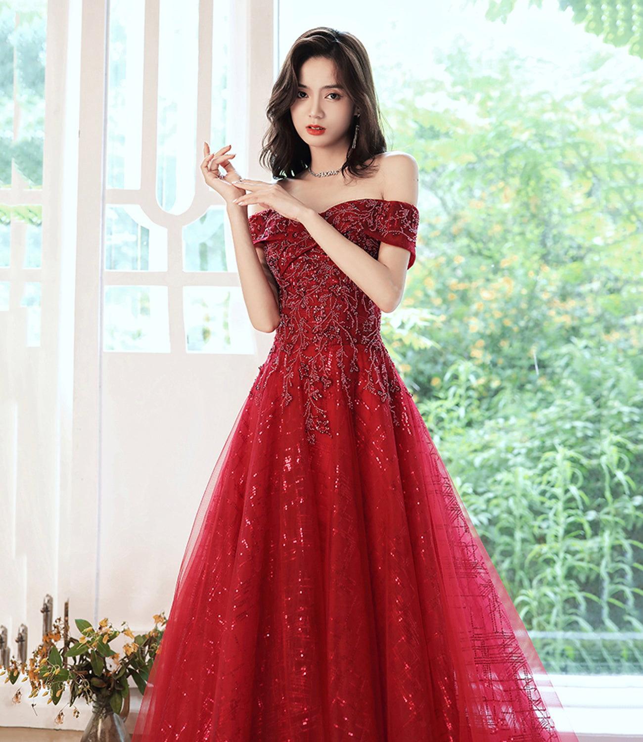 Red tulle sequins long prom dress evening dress  8969