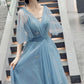 Blue tulle long A line prom dress blue evening dress  8760