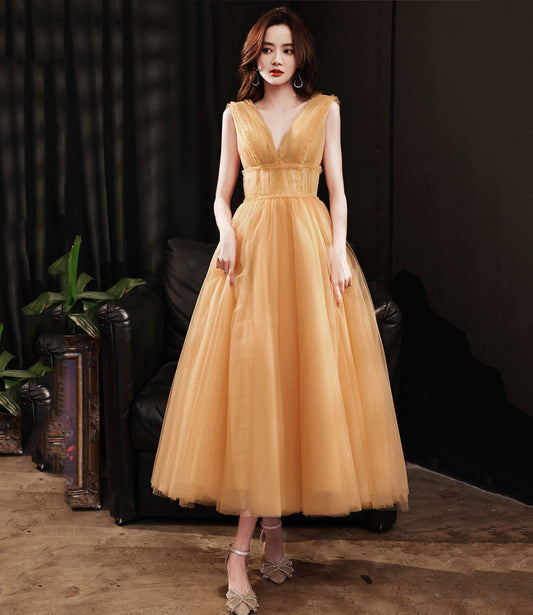 Yellow tulle tea length prom dress evening dress  8780