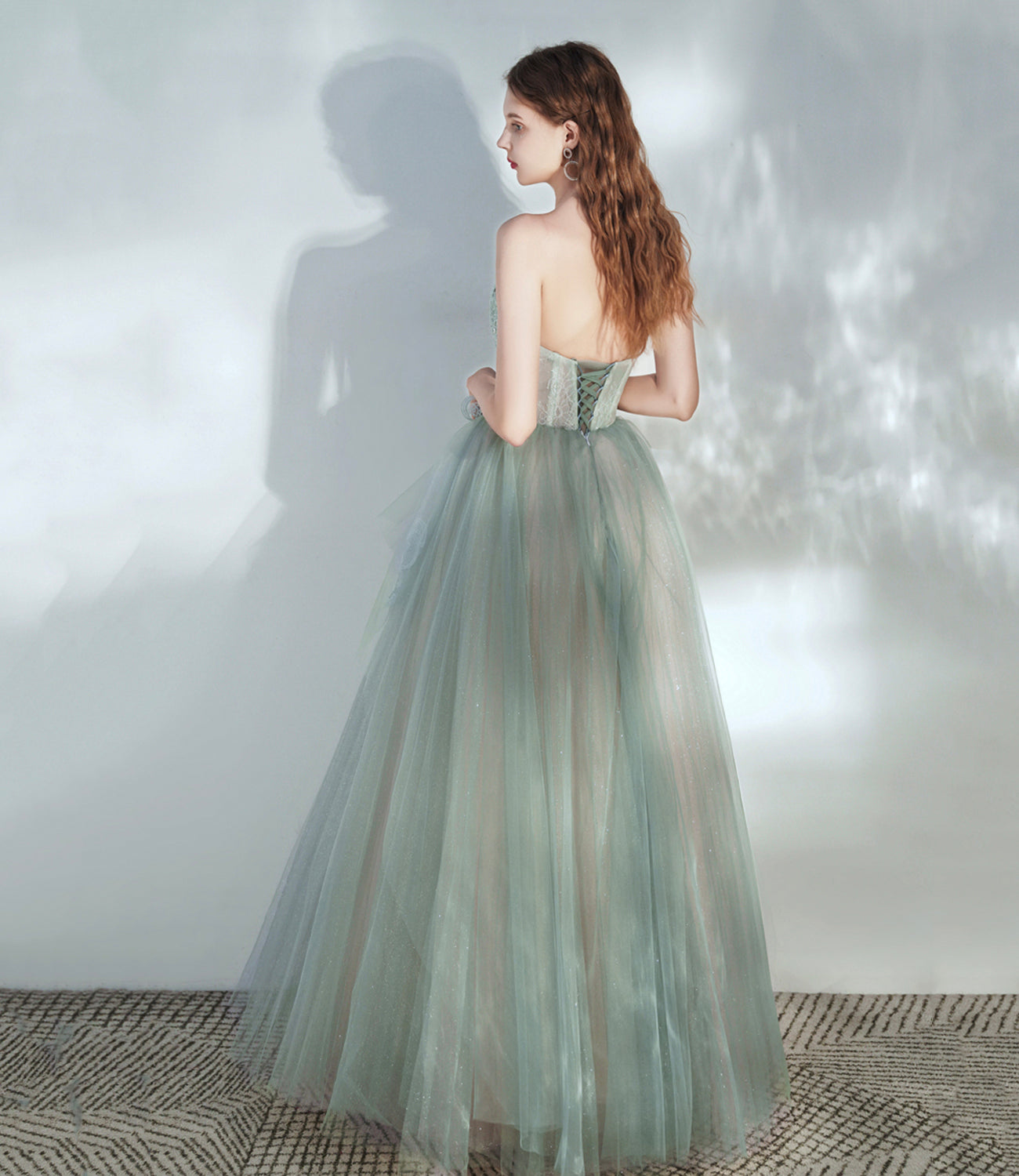 Green tulle lace long prom dress A line evening dress  10379