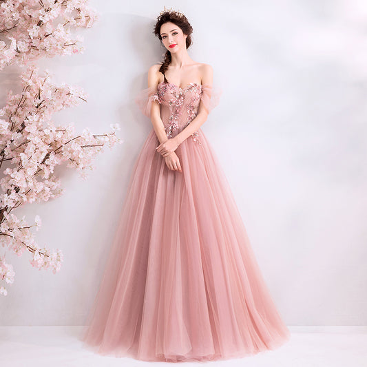Pink tulle lace long prom dress, pink evening dress  8077