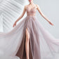Stilvolles V-Ausschnitt Tüll Perlen langes Abendkleid formelles Kleid 8225