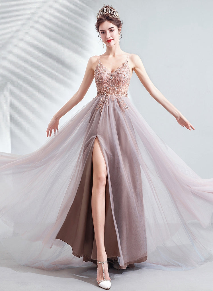 Stilvolles V-Ausschnitt Tüll Perlen langes Abendkleid formelles Kleid 8225