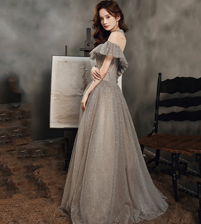 Langes Ballkleid aus grauem Tüll mit Pailletten, formelles Kleid 8558