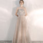 Champagne tulle sequins long prom dress A line evening dress  10472