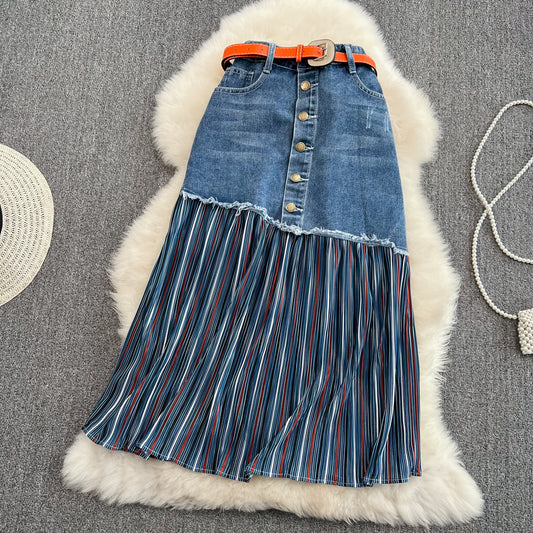 Pleated stitched denim skirt, irregular medium length A-line skirt  11275