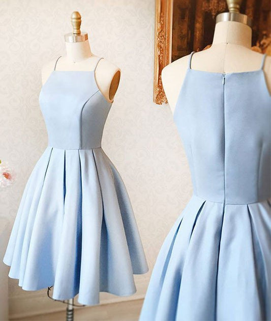 Cute blue satin short prom dress, homecoming dress  8096