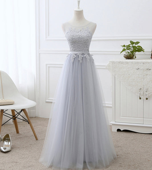 Gray tulle lace prom dress A line evening dress  8442