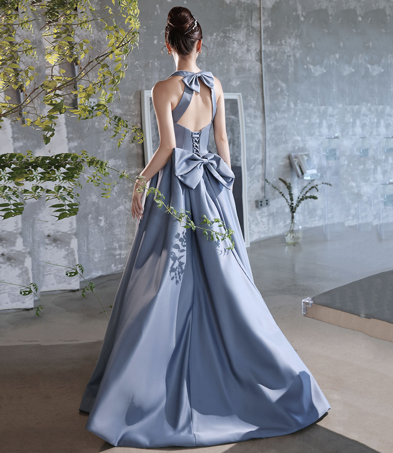 Blue satin long prom dress A line evening dress  10442