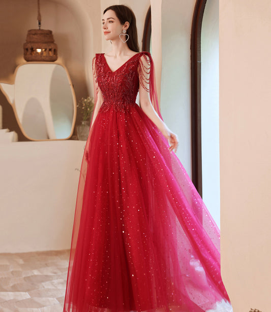 Red tulle beads long A line prom dress evening dress  8794
