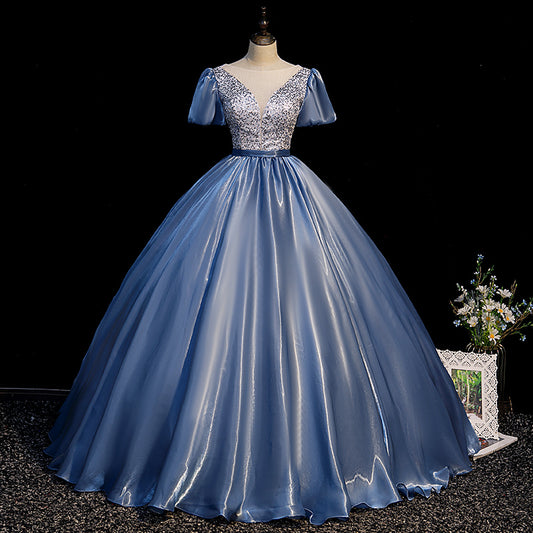 Langes Ballkleid aus blauem Satin, blaues Abendkleid 10092