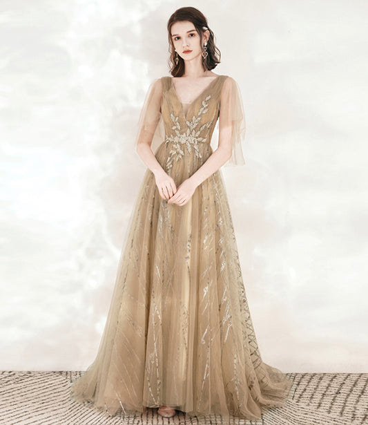 Champagne tulle sequins long prom dress A line evening dress  10548