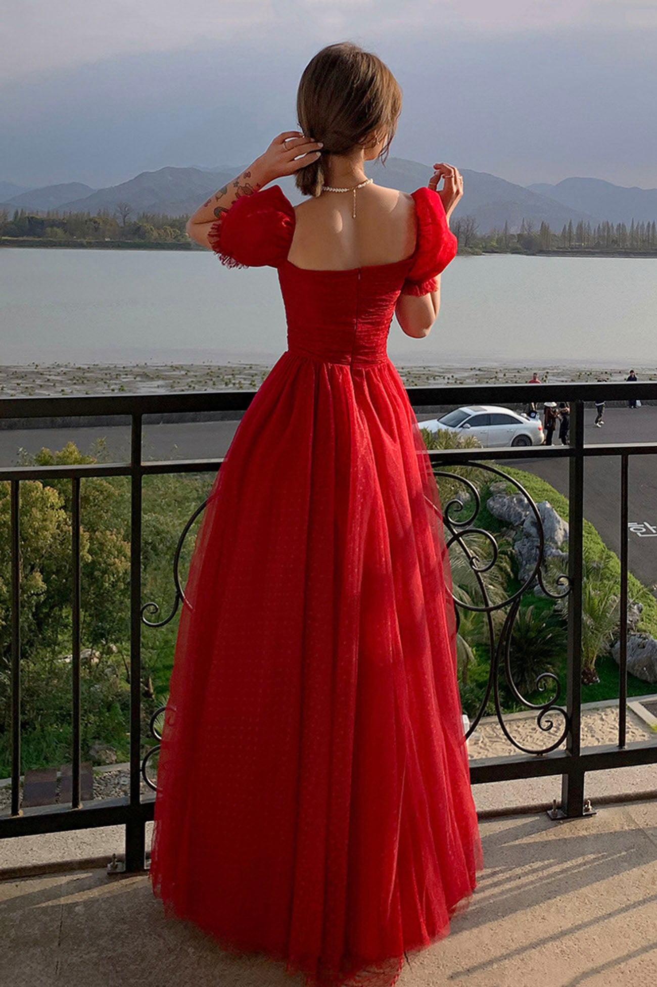 Red tulle long prom dress A line evening dress  10602
