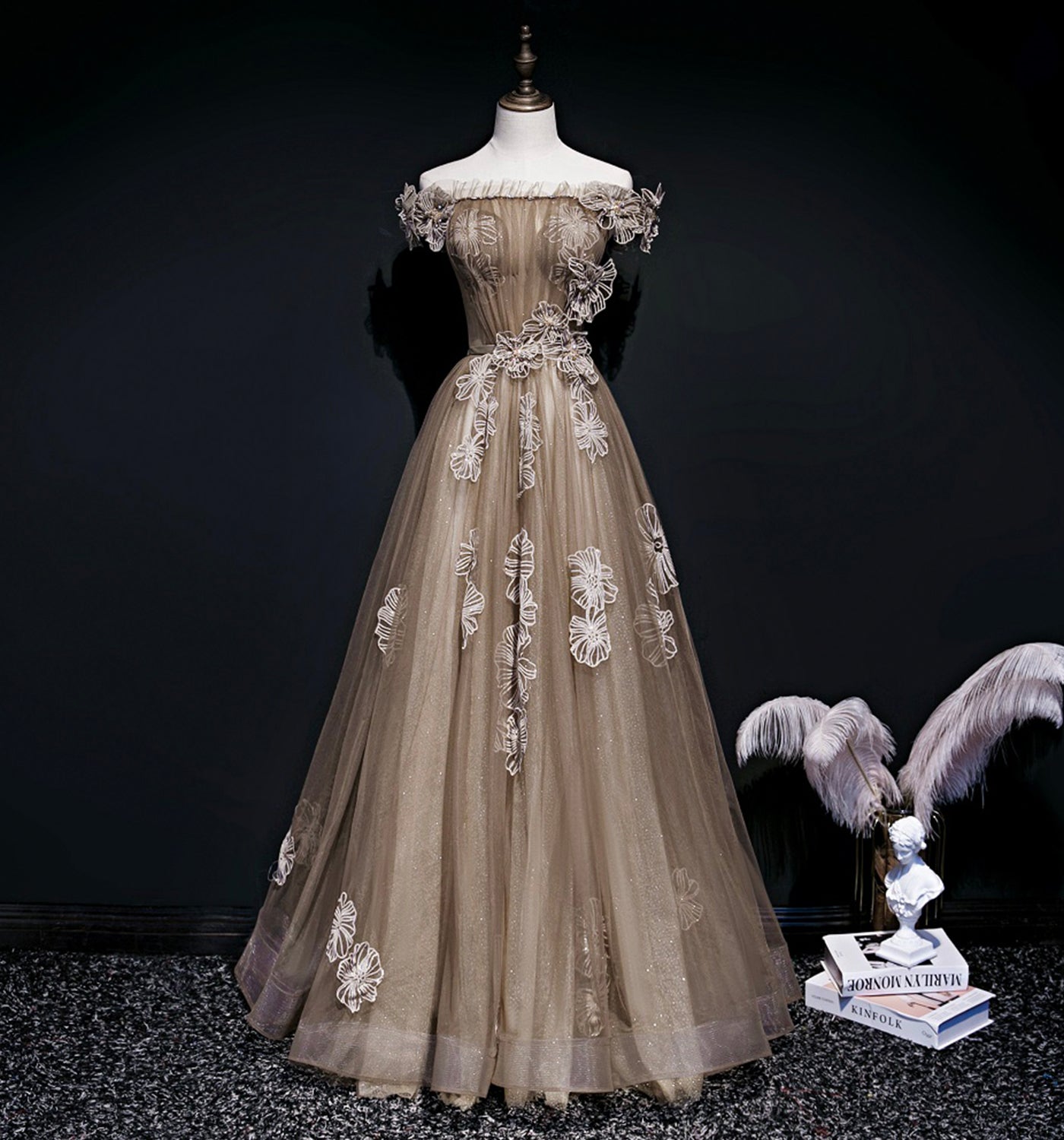 Cute tulle long A line prom dress cute evening dress  8694