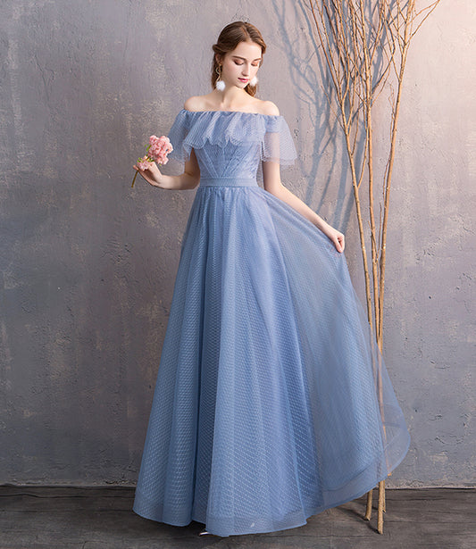 Blue tulle long prom dress simple evening dress  8866