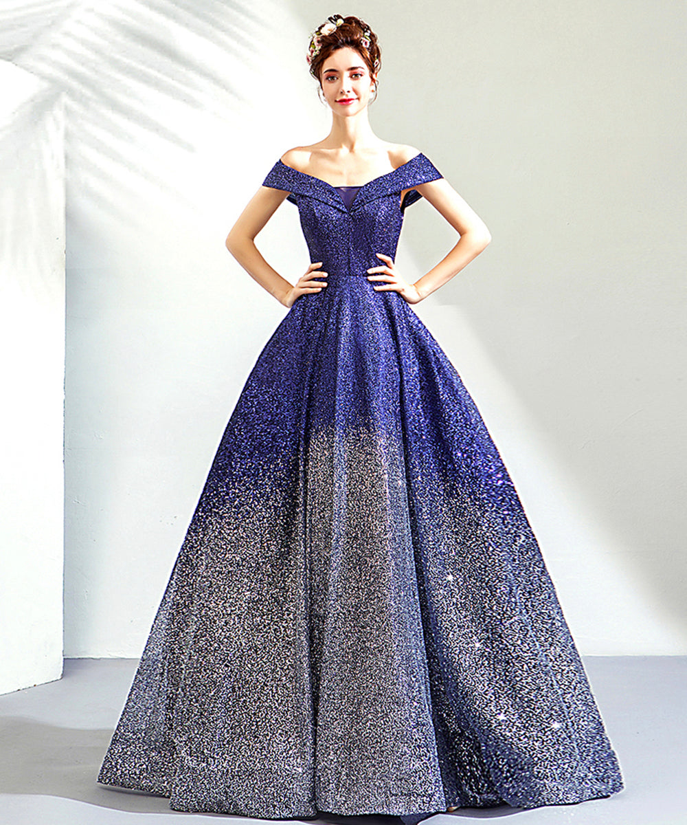 Blue sequins long ball gown dress blue evening dress  8513