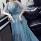Blue tulle long A line prom dress blue evening dress  8760