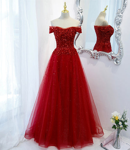 Red tulle sequins long A line prom dress evening dress  8923