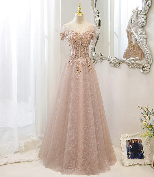 Pink tulle sequins long prom dress pink evening dress  10173