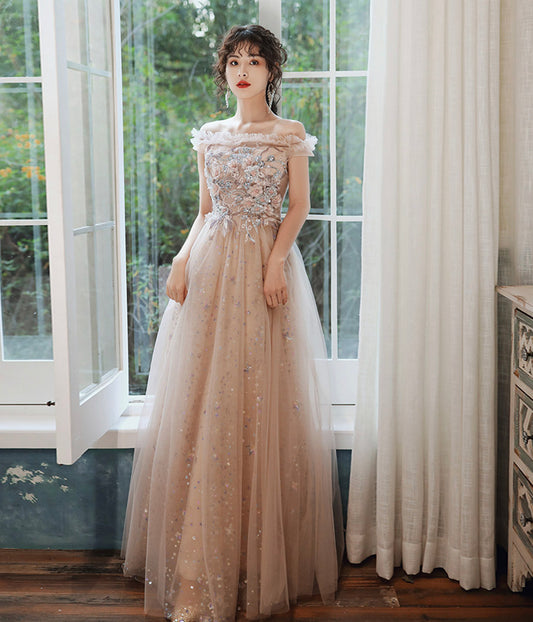 Cute tulle sequins long prom dress evening dress  8419