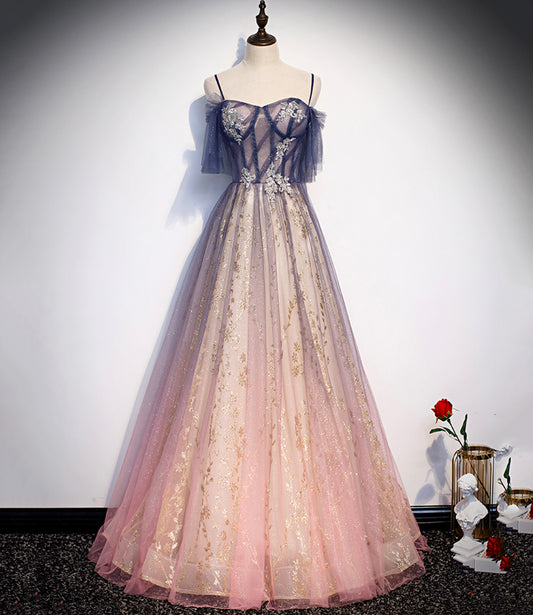 Cute tulle long A line prom dress evening dress  8712