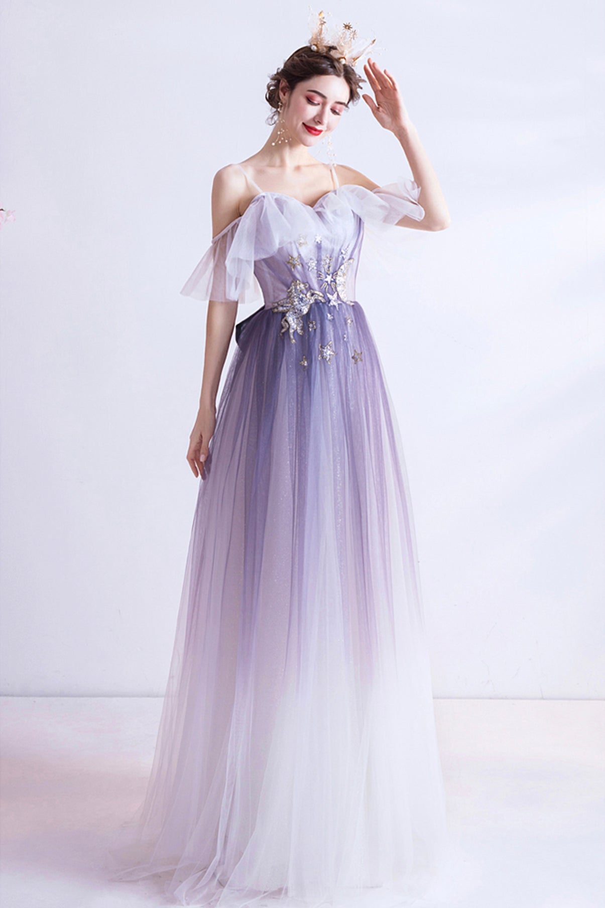 Purple tulle long A line prom dress evening dress  8769