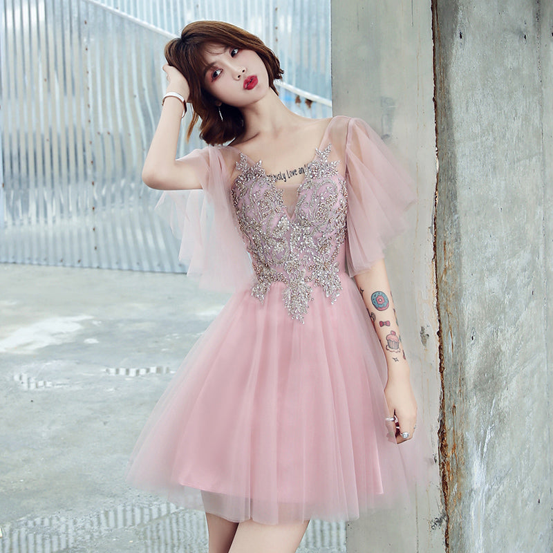 Pink v neck tulle short prom dress  8222