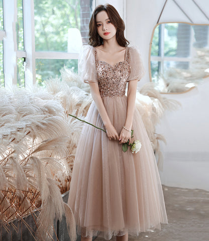 Champagne tulle beads short prom dress homecoming dress  8989