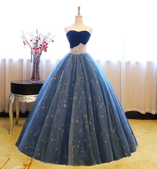 Blue tulle lace long ball gown dress blue evening dress  8622