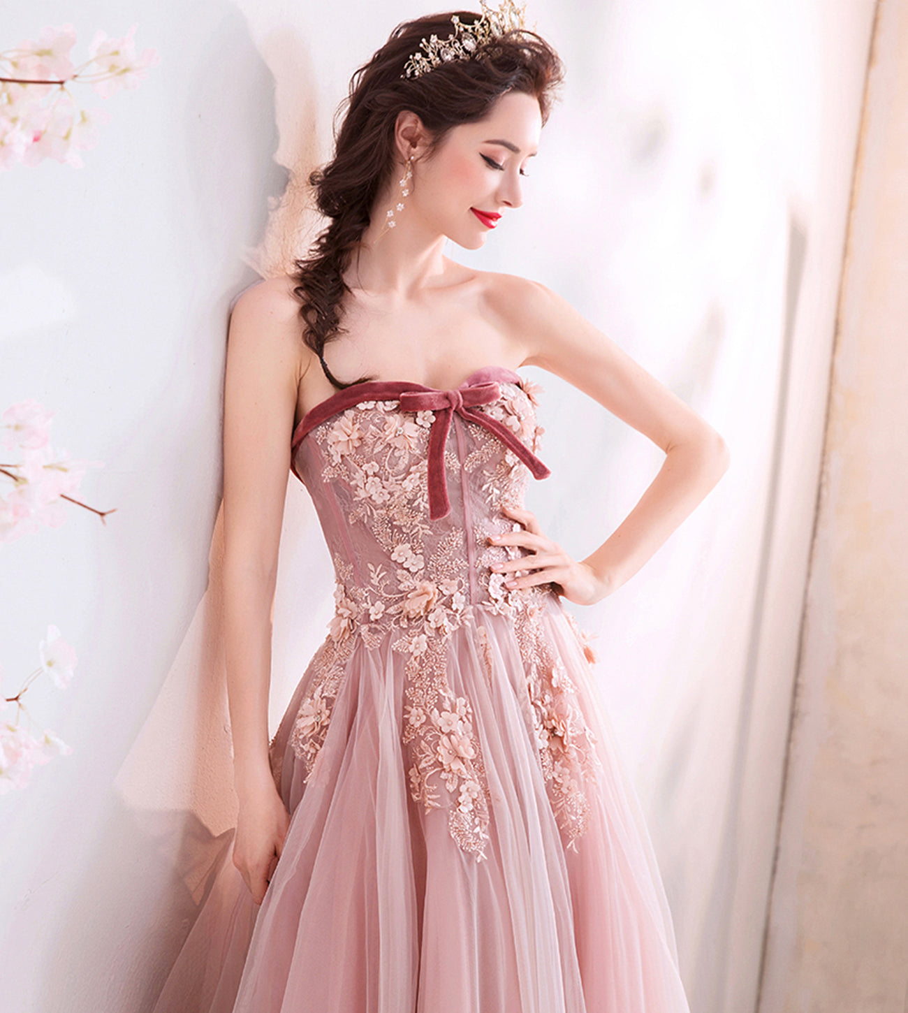 Cute tulle lace long A line prom dress evening dress  8565