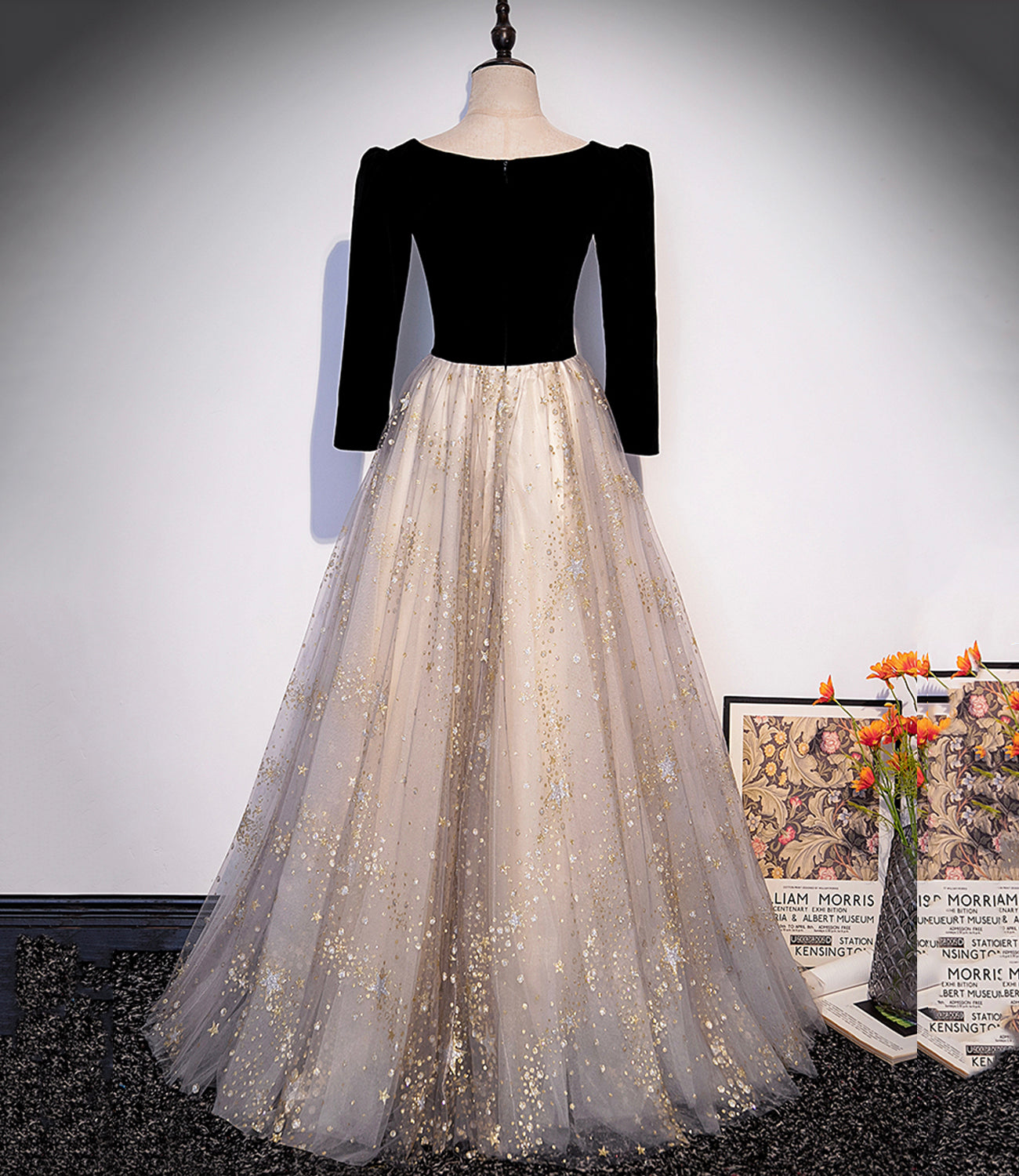 Black velvet tulle long prom dress A line evening gown  10237