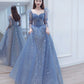 Blue tulle beads long prom dress A line evening dress  10402