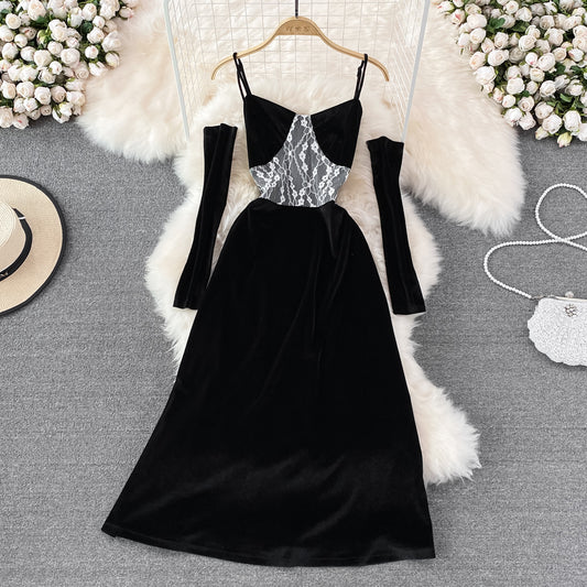 Hepburn style black velvet suspender skirt design sense evening dress skirt  10999