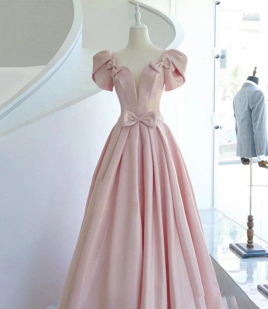Pink satin long A line prom dress pink evening dress  8938