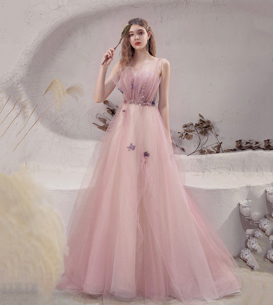 Pink tulle long A line prom dress evening dress  8570