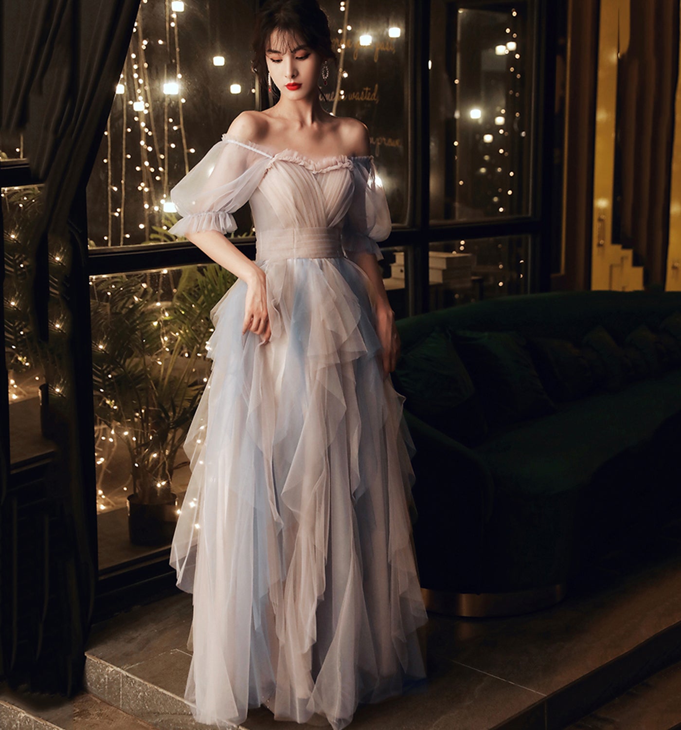 Cute tulle long A line prom dress evening dress  8905