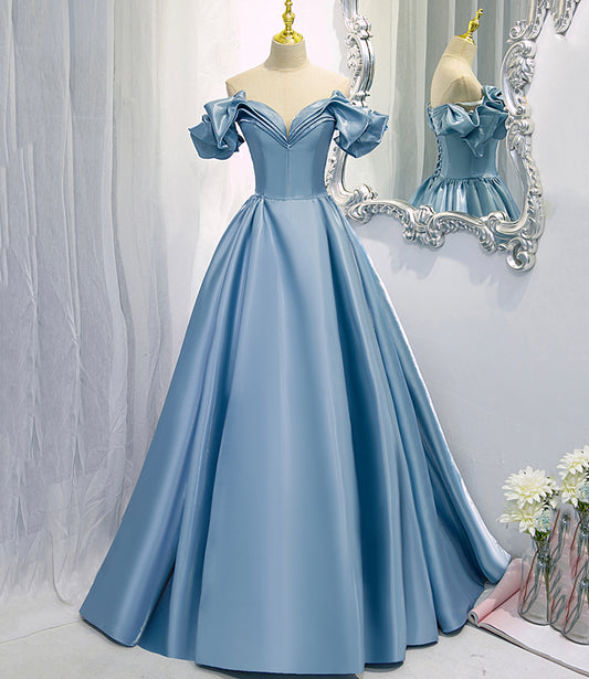 Shiny satin long A line prom dress blue evening dress  8845