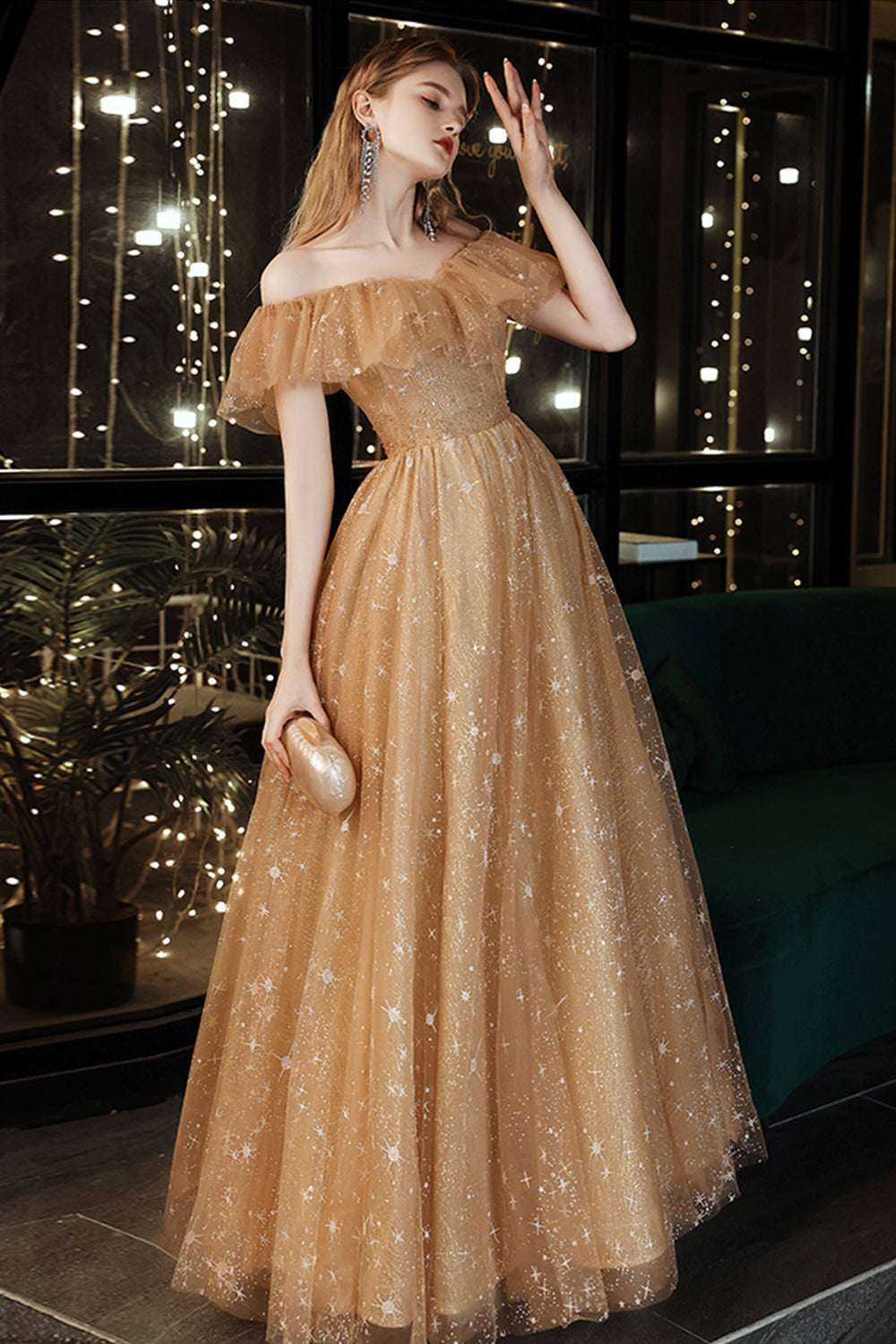 Gold tulle sequins long prom dress evening dress  8508