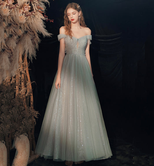 Shiny tulle sequins long prom dress green evening dress  8620