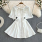 Temperament diamond studded bubble sleeves, slim waist, short A-line dress  11096