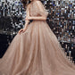 Champagne tulle sequins long A line prom dress evening dress  8683