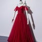 Burgundy tulle long prom gown formal dress  8496