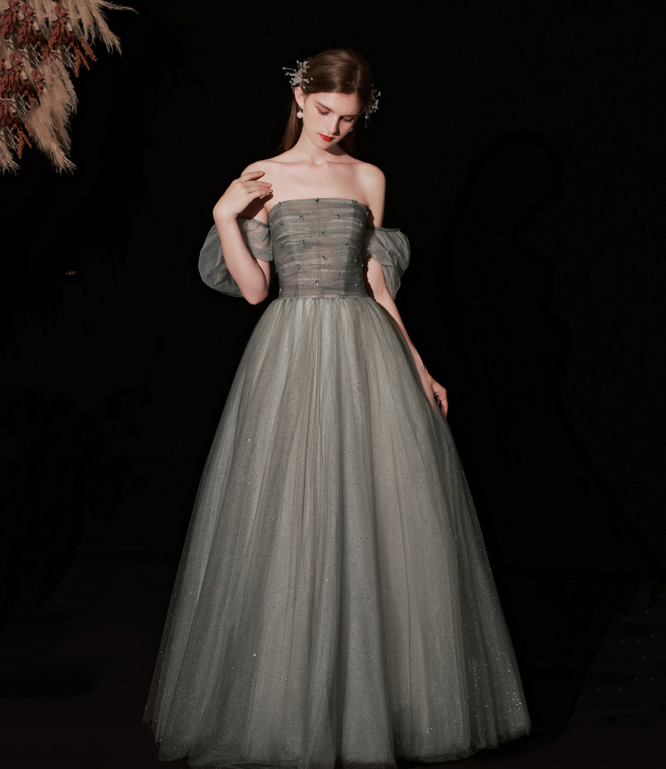 Cute tulle long prom dress A line evening gown  10372