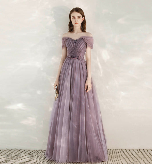 Purple tulle beads long prom dress evening dress  8613