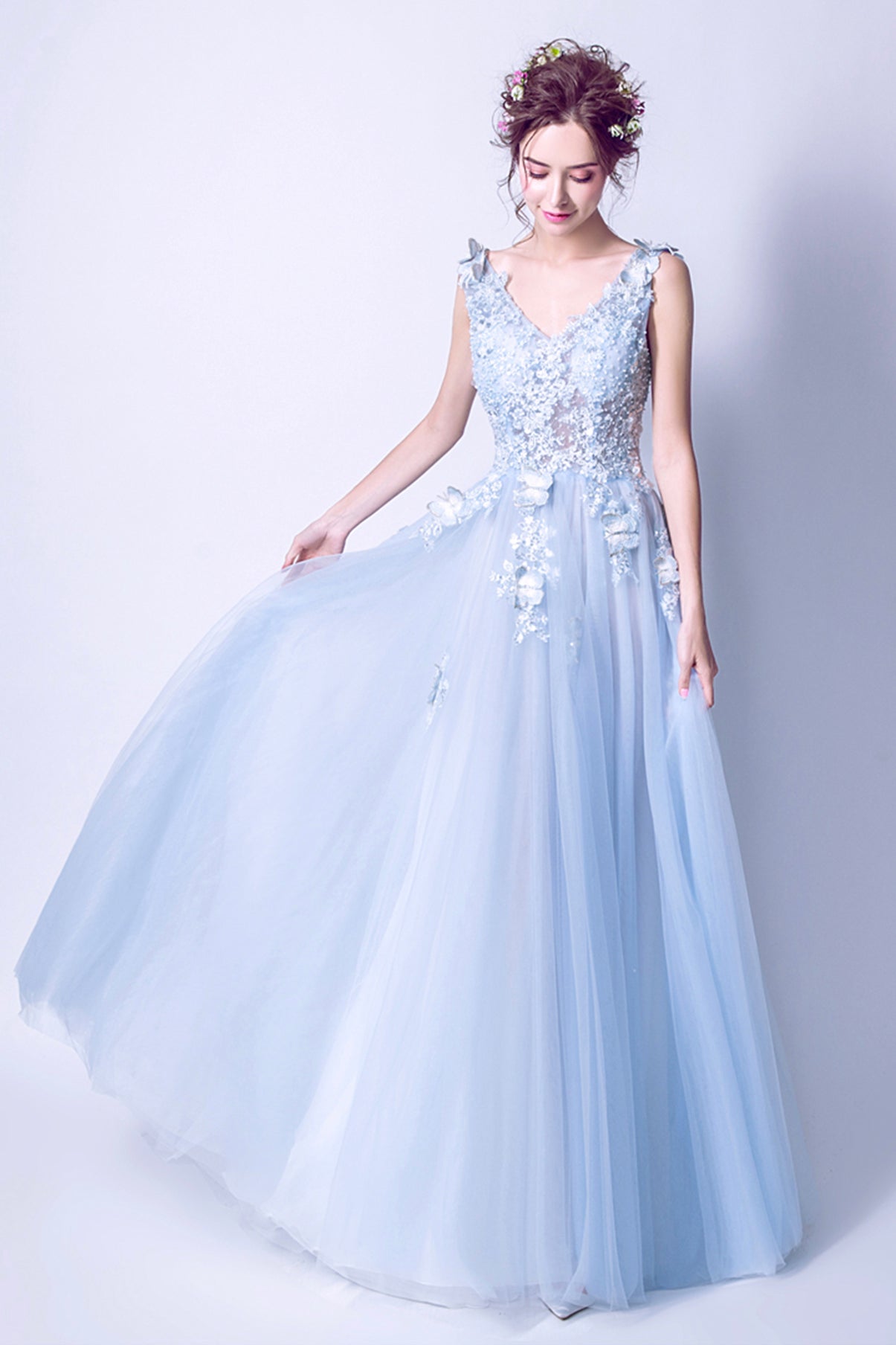 Blue tulle lace long A line prom dress blue evening dress  8753