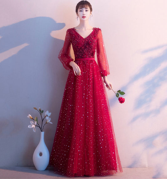 Cute tulle lace long prom dress A line evening gown  10014