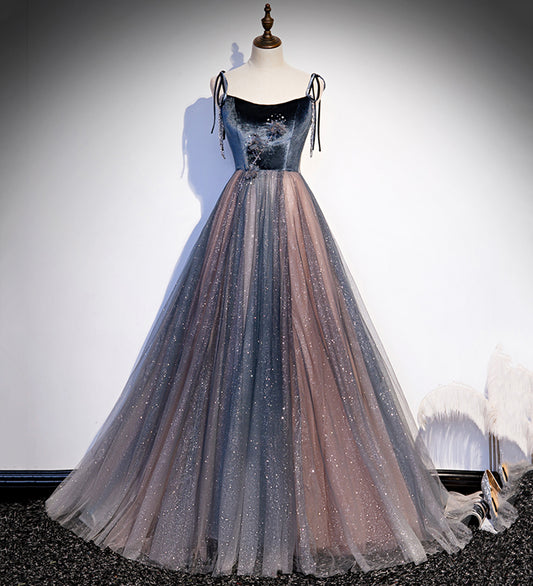 Blue tulle sequins long prom dress evening dress  8504